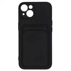 Чехол для iPhone 13  с отделением для карт Card Case чёрный/ оранжевые кнопки
